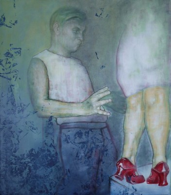 Gemälde in Mischtechnik eines Mannes und einer fülligen Frau mit roten Schuhen,
       Illustration des Liedes Schüttel Deinen Speck von von Peter Fox